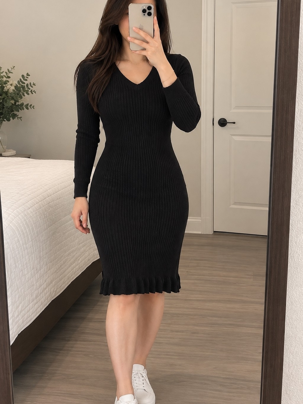 Long Sleeve Black Ribbed V-Neck Bodycon Mini Dress - Picture 2 of 2